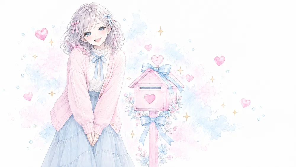 ハートのポストの横でおじぎをする女性のイラスト