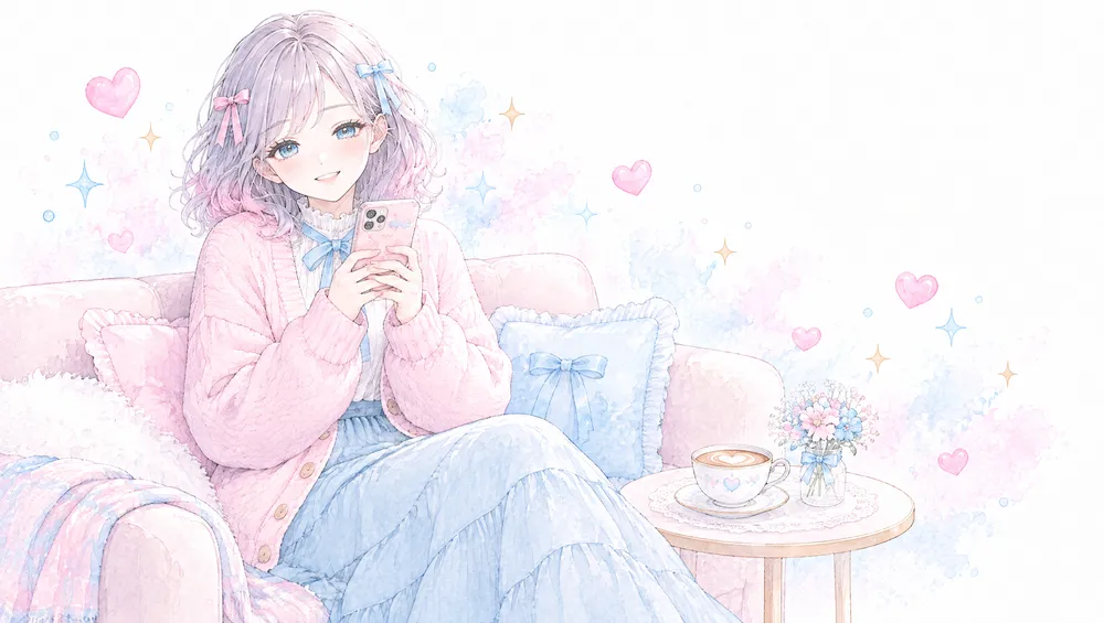 ソファでスマートフォンを見てほっとしている女性のイラスト