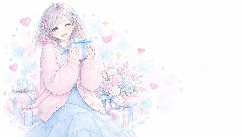 リボンのついた贈り物の箱を抱えて喜ぶ女性のイラスト