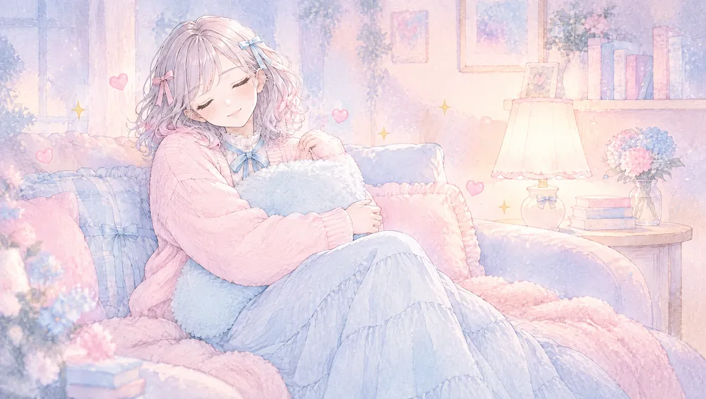 明かりを落とした部屋でクッションを抱いてくつろぐ女性のイラスト