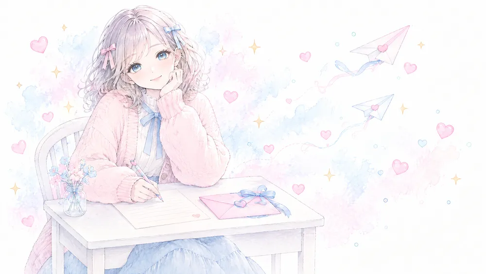 机で手紙を書いている女性のイラスト