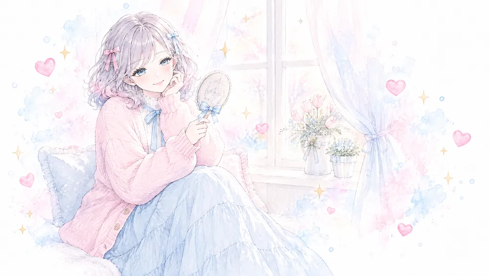 窓辺で手鏡を見てほほえむ女性のイラスト
